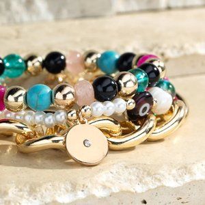 Evil Eye Natural Stone and Link Chain Bracelet Set